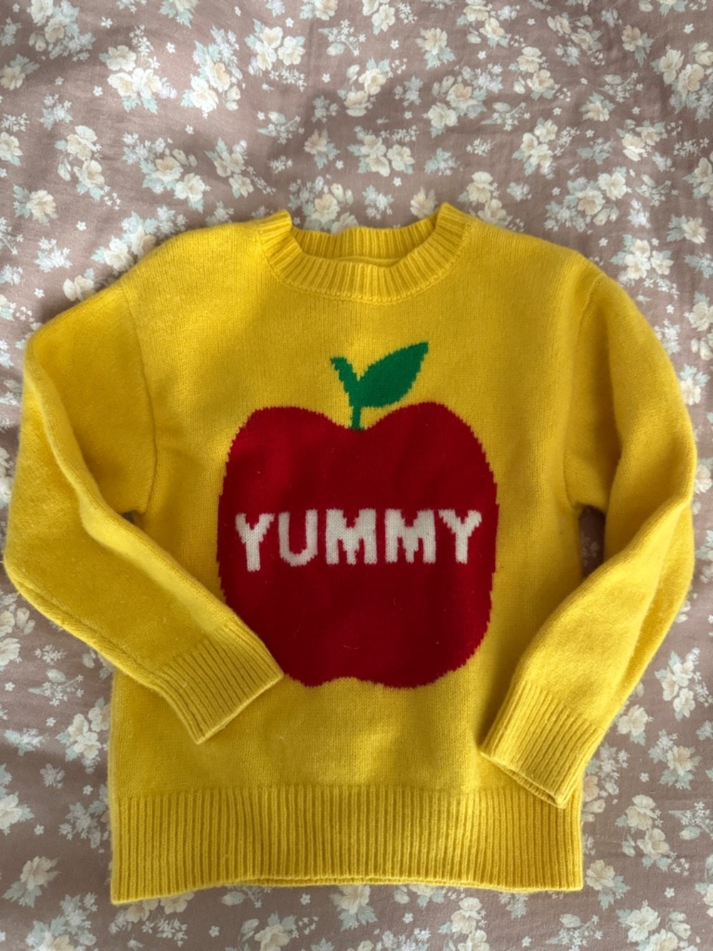 Kids 100% wool Yellow Sweater with Red Apple "YUMMY" Graphic